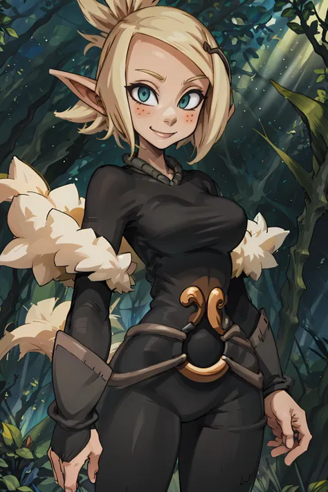 best quality, masterpiece, (((sfw))), <lora:Evangelyne:1> evangelyneyoung, smile, looking at viewer, black clothes, forest background, blonde hair,