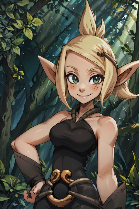 best quality, masterpiece,  (((sfw))), <lora:Evangelyne:1> evangelyneyoung, smile, looking at viewer, black clothes, forest background, blonde hair,