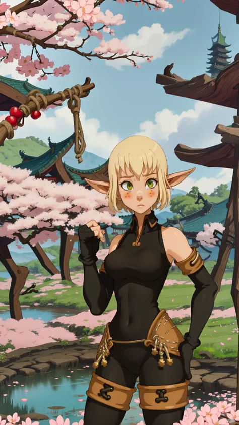 masterpiece,best quality,evangelyneold,1girl,black gloves,blonde hair,blush,elf,fingerless gloves,gloves,green eyes,pointy ears,short hair,solo,wide-eyed,shocked,outdoors <lora:Evangelynev1:1>,retro artstyle,glossy lips,east asian architecture,pond,cherry blossoms,