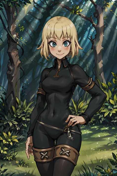 best quality, masterpiece, (((sfw))), <lora:Evangelyne:1> evangelyneold, smile, looking at viewer, forest background, blonde hair,