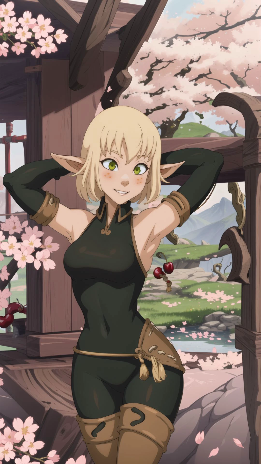 masterpiece,best quality,evangelyneold,1girl,blonde hair,blush,elf,fingerless gloves,green eyes,pointy ears,short hair,solo,wide-eyed,outdoors,<lora:Evangelynev1:1>,glossy lips,east asian architecture,pond,cherry blossoms,light smile,dynamic pose,arms behind head,