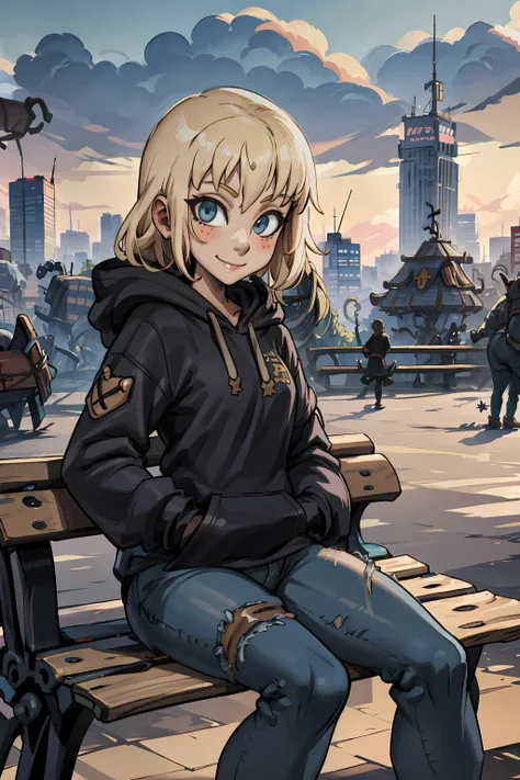 best quality, masterpiece, (((sfw))), <lora:Evangelyne:1> evangelyneold, smile, looking at viewer, blonde hair, black hoodie, blue jeans, sitting, city background, park bench,