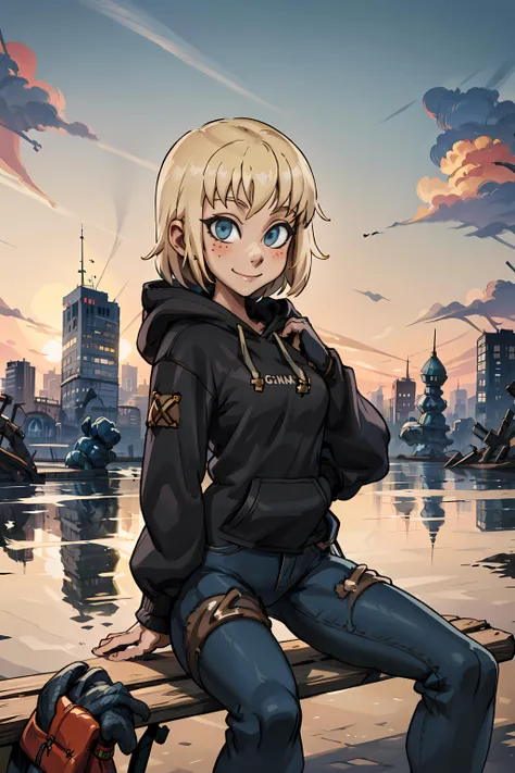 best quality, masterpiece, (((sfw))), <lora:Evangelyne:1> evangelyneold, smile, looking at viewer, blonde hair, black hoodie, blue jeans, sitting, city background, park bench,