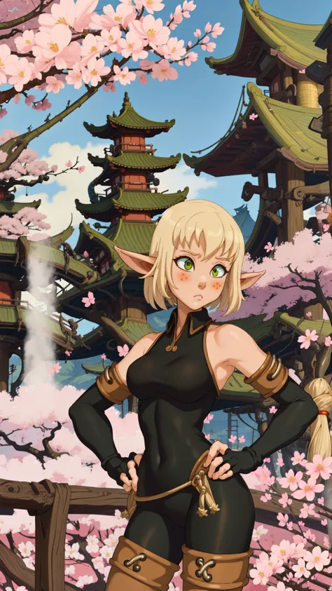 masterpiece,best quality,evangelyneold,1girl,black gloves,blonde hair,blush,elf,fingerless gloves,gloves,green eyes,pointy ears,short hair,solo,wide-eyed,shocked,outdoors <lora:Evangelynev1:1>,retro artstyle,glossy lips,east asian architecture,pond,cherry blossoms,