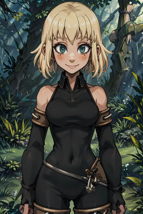 best quality, masterpiece, (((sfw))), <lora:Evangelyne:1> evangelyneold, smile, looking at viewer, forest background, blonde hair,