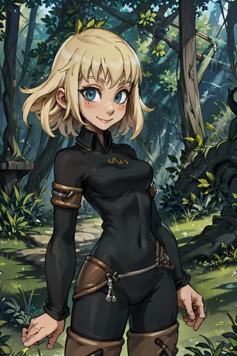 best quality, masterpiece, (((sfw))), <lora:Evangelyne:1> evangelyneold, smile, looking at viewer, forest background, blonde hair,