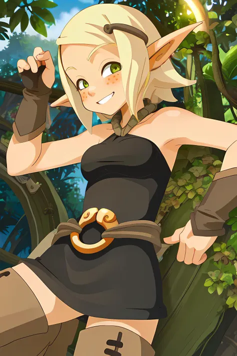 <lora:Evangelyne:0.8> evangelyneyoung , 1girl, pointy ears, blonde hair, elf, green eyes, bare shoulders, short hair, freckles, thighhighs, boots , round , pupils , comic artstyle
cute , smile ,
jungle , trees , vines , hut ,