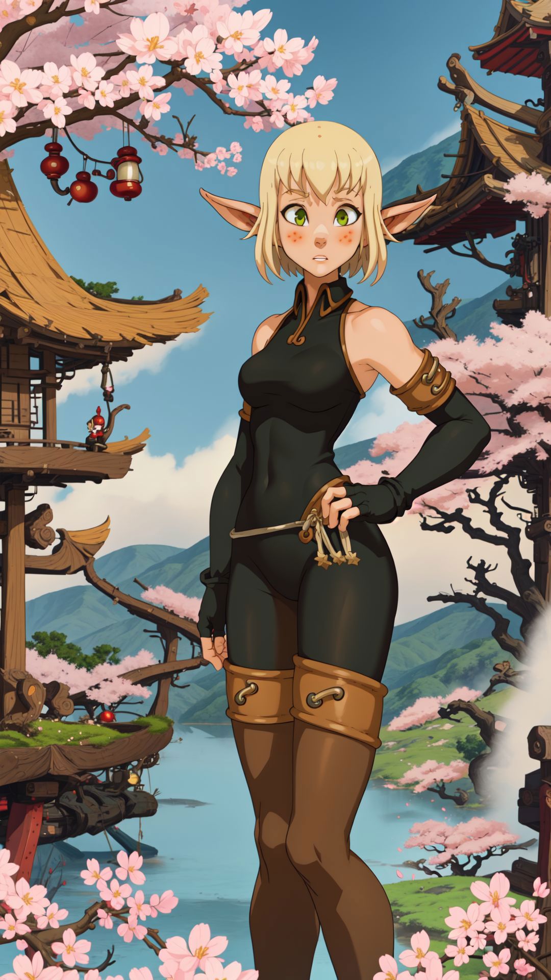 A woman in a black outfit standing in front of a tree - SeaArt AI
