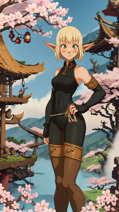 masterpiece,best quality,evangelyneold,1girl,black gloves,blonde hair,blush,elf,fingerless gloves,gloves,green eyes,pointy ears,short hair,solo,wide-eyed,shocked,outdoors <lora:Evangelynev1:1>,retro artstyle,glossy lips,east asian architecture,pond,cherry blossoms,