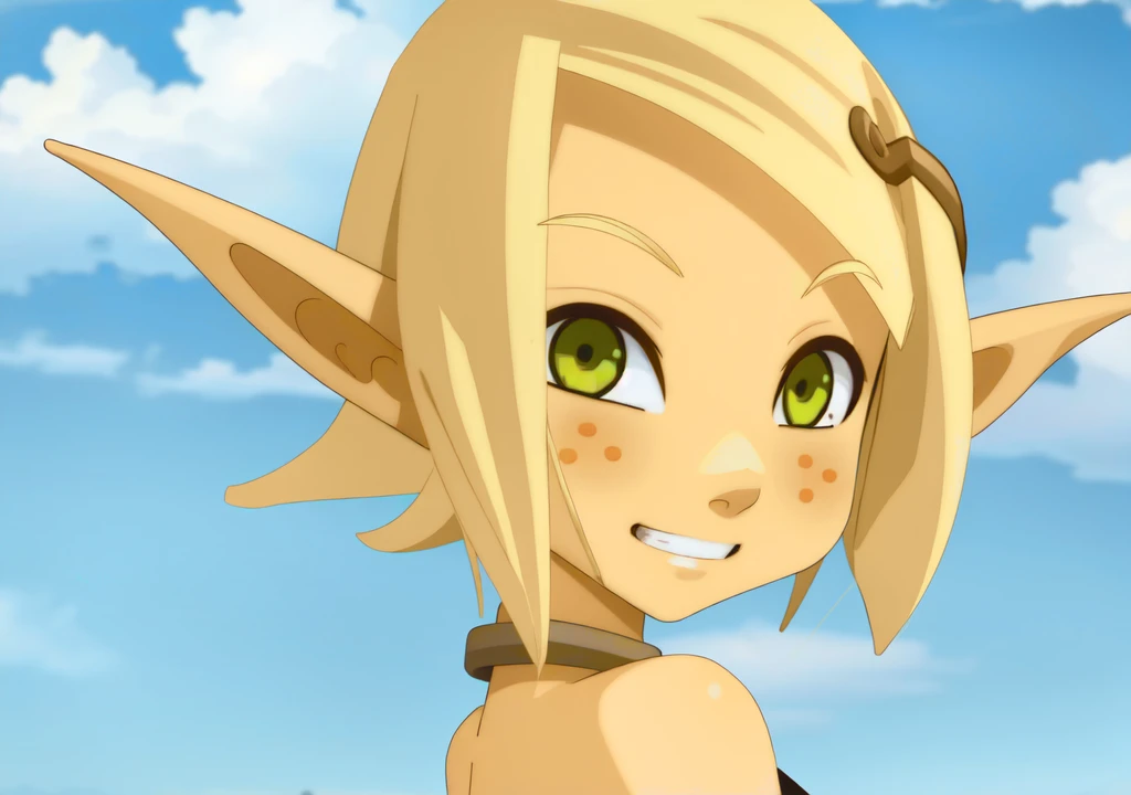 <lora:Evangelyne:0.8> evangelyneyoung , 1girl, pointy ears, blonde hair, elf, green eyes , iris , short hair, freckles,
cute , smile ,
sky , clouds , day , daylight