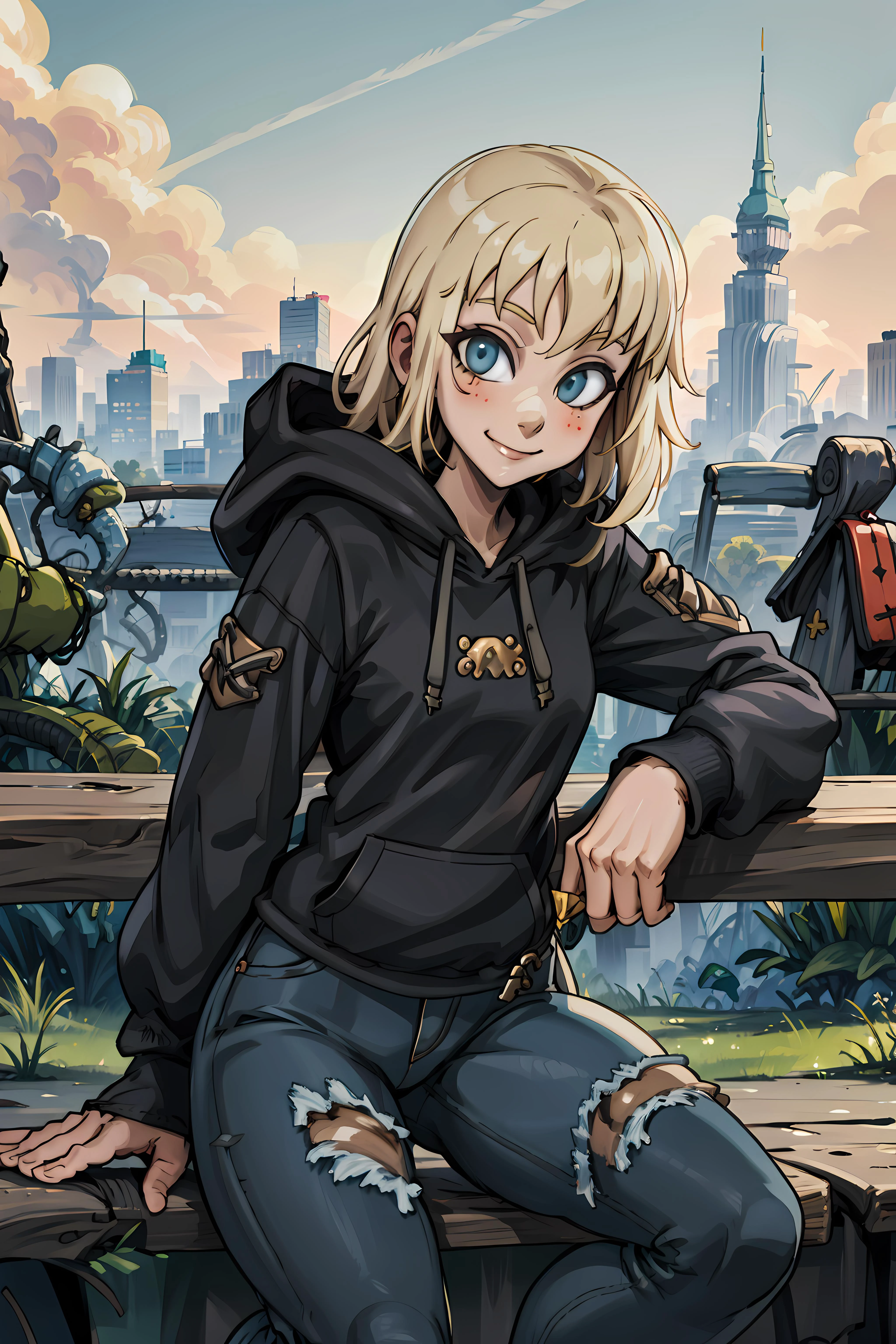 best quality, masterpiece, (((sfw))), <lora:Evangelyne:1> evangelyneold, smile, looking at viewer, blonde hair, black hoodie, blue jeans, sitting, city background, park bench,