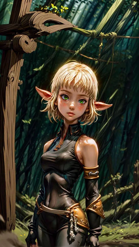 (best quality, masterpiece, colorful, dynamic angle, highest detailed)(evangelyneold),<lora:Evangelyne:1>,upper body photo,fashion photography of cute blond short hair girl (evangelyneold),fingerless gloves,gloves,green eyes,pointy ears,bare shoulders,black bodysuit,in dynamic pose,bokeh,(intricate details, hyperdetailed:1.15),detailed,sunlight passing through hair,forest background(high contrast, official art, extreme detailed, highest detailed),<lora:add_detail:1>,<lora:more_details:1>,