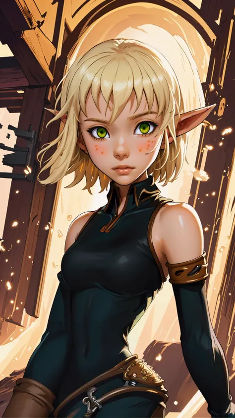 (best quality, masterpiece, colorful, dynamic angle, highest detailed)(evangelyneold),<lora:Evangelyne:1>,upper body photo,fashion photography of cute blond short hair girl (evangelyneold),fingerless gloves,gloves,green eyes,pointy ears,bare shoulders,black bodysuit,in dynamic pose,bokeh,(intricate details, hyperdetailed:1.15),detailed,sunlight passing through hair,monocromatic splash art background(high contrast, official art, extreme detailed, highest detailed),