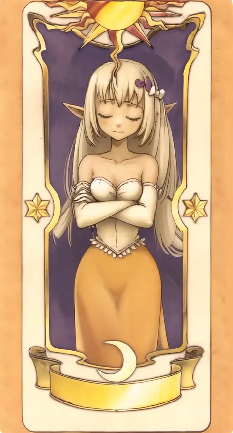 masterpiece, best quality, evangelynedress, 1girl, long hair, closed eyes, card, solo, tarot, orange dress, orange skirt, strapless dress, white gloves, elbow gloves <lora:Evangelynev1:0.8> <lora:clowCardCardcaptor_v2:0.8>