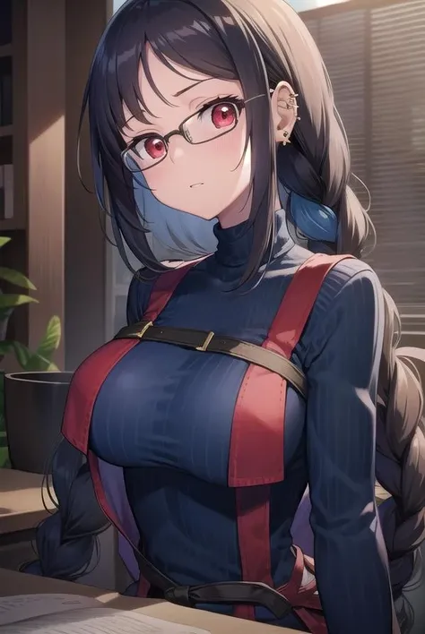 yumeiren, <lora:yumeiren-lora-nochekaiser:1>,
yu mei ren, black hair, long hair, (red eyes:1.5),
BREAK black-framed eyewear, blue dress, braid, dress, ear piercing, glasses, piercing, single braid, striped, striped dress, vertical stripes, vertical-striped dress, turtleneck, sweater, (blue sweater:1.5),
BREAK looking at viewer,
BREAK indoors,
BREAK <lyco:GoodHands-beta2:1>, (masterpiece:1.2), best quality, high resolution, unity 8k wallpaper, (illustration:0.8), (beautiful detailed eyes:1.6), extremely detailed face, perfect lighting, extremely detailed CG, (perfect hands, perfect anatomy),