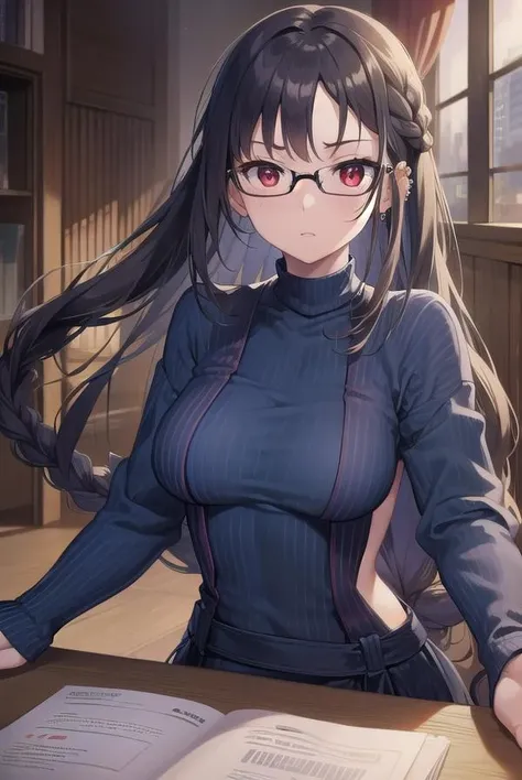 yumeiren, <lora:yumeiren-lora-nochekaiser:1>,
yu mei ren, black hair, long hair, (red eyes:1.5),
BREAK black-framed eyewear, blue dress, braid, dress, ear piercing, glasses, piercing, single braid, striped, striped dress, vertical stripes, vertical-striped dress, turtleneck, sweater, (blue sweater:1.5),
BREAK looking at viewer,
BREAK indoors,
BREAK <lyco:GoodHands-beta2:1>, (masterpiece:1.2), best quality, high resolution, unity 8k wallpaper, (illustration:0.8), (beautiful detailed eyes:1.6), extremely detailed face, perfect lighting, extremely detailed CG, (perfect hands, perfect anatomy),