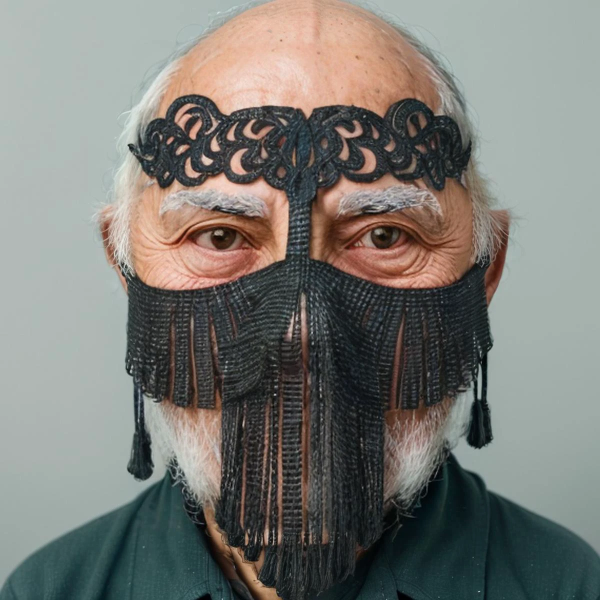 a closeup of an elderly man <lora:chainveil:1> faceveilmask