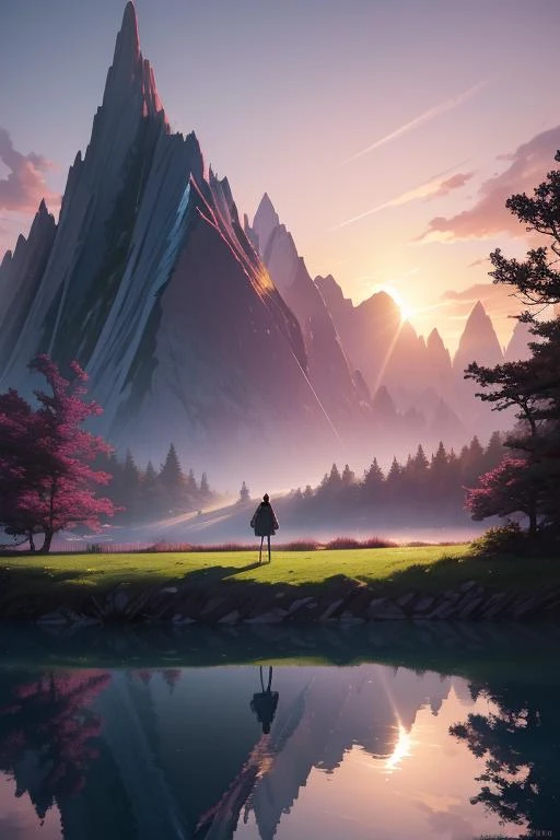 A breathtakingly stunningly beautiful ultrawide angle masterpiece dream depth perspective clarity happy natural colours low angle view, archviz render, pink sunrise reflections grassland path clearing with a lake in front of a lake at the top, by kilian eng and peter mohrbacher and james jean, surreal epic architecture designed by harper's bazaar and j