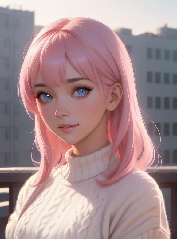 (masterpiece, best quality, absurdres:1.2), (in the style of Ilya Kuvshinov:1.4), artistic portrait, jackie, upper body, rooftop background, beautiful pink hairstyle, beautiful eyes details, cute, woolen sweater, smile, beautiful detailed clothes, colorful, beautiful background, dynamic lighting, shadow detailed, highly detailed, speed art, anime style, illustration, digital art, stroke brush <lora:jackie_blabla:1>