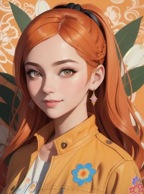 (masterpiece, best quality, absurdres:1.2), (in the style of Ilya Kuvshinov:1.4), artistic portrait, jackie, upper body, beautiful flower tapestry background, beautiful orange hairstyle, beautiful eyes details, cute, jean jacket, smile, beautiful detailed clothes, colorful, beautiful background, dynamic lighting, shadow detailed, highly detailed, speed art, anime style, illustration, digital art, stroke brush <lora:jackie_blabla:1>