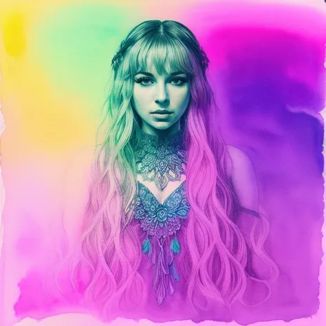 psychedelic watercolor portrait of Faith_LastName wearing a sundress by Floral_Graffiti