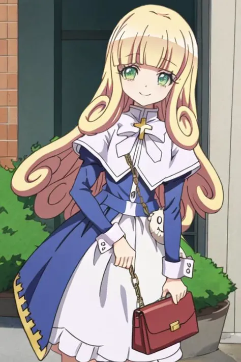 best quality, masterpiece, highres, solo, {poporon_jashinchandropkick:1.15}, blonde_hair, long_hair, bangs, green_eyes, blunt_bangs, 1girl, bag, closed_eyes, smile, cross, long_sleeves
