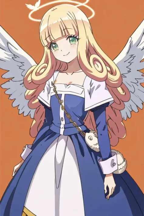 best quality, masterpiece, highres, solo, {poporon_jashinchandropkick:1.15}, blonde_hair, long_hair, bangs, green_eyes, blunt_bangs, 1girl, angel_wings, feathered_wings, smile, white_wings, wings, dress, looking_at_viewer, angel, closed_mouth, curly_hair, halo, upper_body, orange_background, blue_dress, bow, collarbone, feathers, long_sleeves