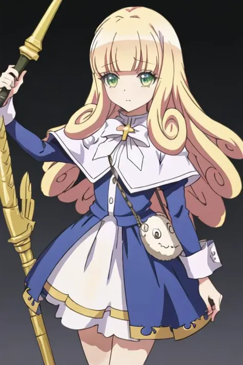 best quality, masterpiece, highres, solo, {poporon_jashinchandropkick:1.15}, blonde_hair, long_hair, bangs, green_eyes, blunt_bangs, 1girl, club_\(weapon\), spiked_club, weapon, dress, closed_eyes, bag, over_shoulder