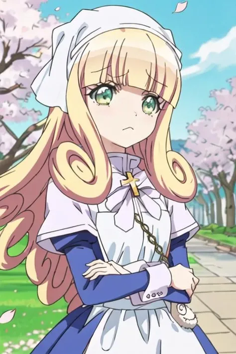 best quality, masterpiece, highres, solo, {poporon_jashinchandropkick:1.15}, blonde_hair, long_hair, bangs, green_eyes, blunt_bangs, 1girl, cherry_blossoms, closed_mouth, head_scarf, cross, frown