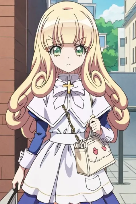 best quality, masterpiece, highres, solo, {poporon_jashinchandropkick:1.15}, blonde_hair, long_hair, bangs, green_eyes, blunt_bangs, 1girl, anime_coloring, closed_mouth, outdoors, parody, style_parody, bow, building, frown, day, cross