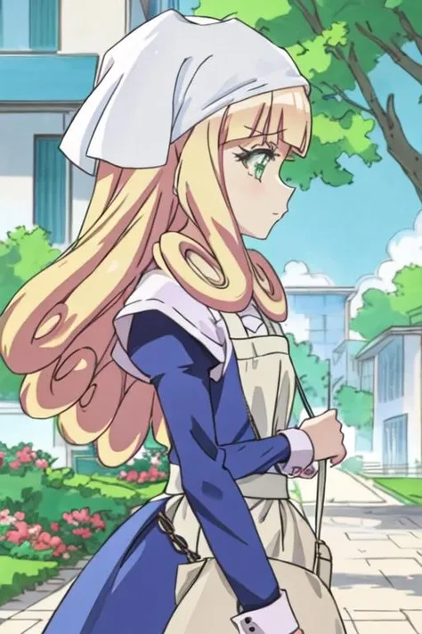 best quality, masterpiece, highres, solo, {poporon_jashinchandropkick:1.15}, blonde_hair, long_hair, bangs, green_eyes, blunt_bangs, 1girl, dress, long_sleeves, outdoors, profile, bag, from_side, closed_mouth, tree, apron, handbag, white_headwear