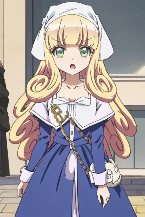 best quality, masterpiece, highres, solo, {poporon_jashinchandropkick:1.15}, blonde_hair, long_hair, bangs, green_eyes, blunt_bangs, 1girl, bow, dress, hair_bow, open_mouth, collarbone, ribbon