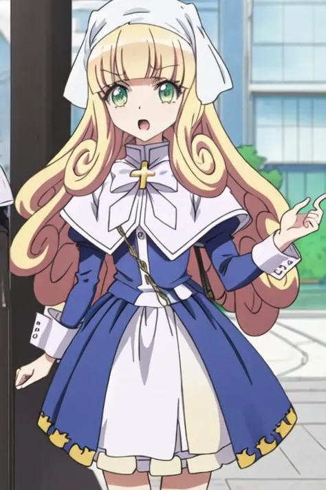 best quality, masterpiece, highres, solo, {poporon_jashinchandropkick:1.15}, blonde_hair, long_hair, bangs, green_eyes, blunt_bangs, 1girl, anime_coloring, bow, cross, open_mouth, parody, style_parody, official_style, white_bow, portrait