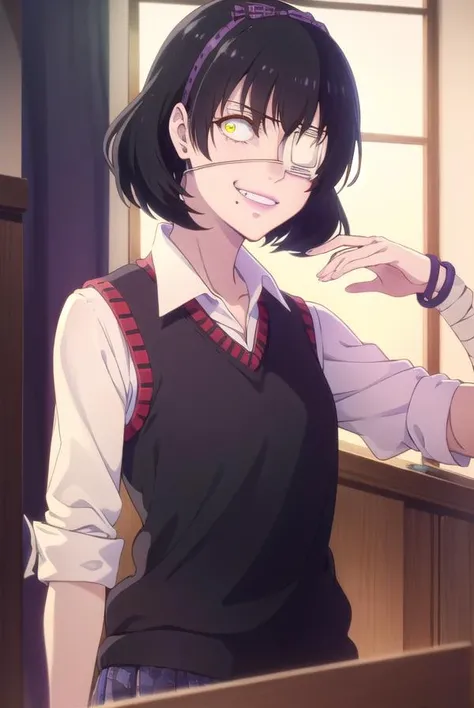 midariikishima, <lora:midari ikishima s2-lora-nochekaiser:1>,
midari ikishima, short hair, black hair, hairband, mole, (eyepatch:1.5), mole under mouth, smile, (yellow eyes:1.2), grin,
BREAK skirt, shirt, school uniform, pleated skirt, bandages, wristband, sweater vest, (red sweater vest:1.3),
BREAK indoors, classroom,
BREAK looking at viewer, (cowboy shot:1.5),
BREAK <lyco:GoodHands-beta2:1>, (masterpiece:1.2), best quality, high resolution, unity 8k wallpaper, (illustration:0.8), (beautiful detailed eyes:1.6), extremely detailed face, perfect lighting, extremely detailed CG, (perfect hands, perfect anatomy),