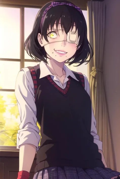midariikishima, <lora:midari ikishima s2-lora-nochekaiser:1>,
midari ikishima, short hair, black hair, hairband, mole, (eyepatch:1.5), mole under mouth, smile, (yellow eyes:1.2), grin,
BREAK skirt, shirt, school uniform, pleated skirt, bandages, wristband, sweater vest, (red sweater vest:1.3),
BREAK indoors, classroom,
BREAK looking at viewer, (cowboy shot:1.5),
BREAK <lyco:GoodHands-beta2:1>, (masterpiece:1.2), best quality, high resolution, unity 8k wallpaper, (illustration:0.8), (beautiful detailed eyes:1.6), extremely detailed face, perfect lighting, extremely detailed CG, (perfect hands, perfect anatomy),