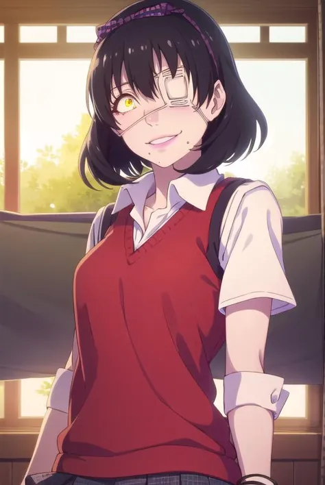 midariikishima, <lora:midari ikishima s2-lora-nochekaiser:1>,
midari ikishima, short hair, black hair, hairband, mole, (eyepatch:1.5), mole under mouth, smile, (yellow eyes:1.2), grin,
BREAK skirt, shirt, school uniform, pleated skirt, bandages, wristband, sweater vest, (red sweater vest:1.3),
BREAK indoors, classroom,
BREAK looking at viewer, (cowboy shot:1.5),
BREAK <lyco:GoodHands-beta2:1>, (masterpiece:1.2), best quality, high resolution, unity 8k wallpaper, (illustration:0.8), (beautiful detailed eyes:1.6), extremely detailed face, perfect lighting, extremely detailed CG, (perfect hands, perfect anatomy),