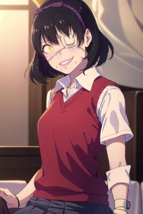 midariikishima, <lora:midari ikishima s2-lora-nochekaiser:1>,
midari ikishima, short hair, black hair, hairband, mole, (eyepatch:1.5), mole under mouth, smile, (yellow eyes:1.2), grin,
BREAK skirt, shirt, school uniform, pleated skirt, bandages, wristband, sweater vest, (red sweater vest:1.3),
BREAK indoors, classroom,
BREAK looking at viewer, (cowboy shot:1.5),
BREAK <lyco:GoodHands-beta2:1>, (masterpiece:1.2), best quality, high resolution, unity 8k wallpaper, (illustration:0.8), (beautiful detailed eyes:1.6), extremely detailed face, perfect lighting, extremely detailed CG, (perfect hands, perfect anatomy),