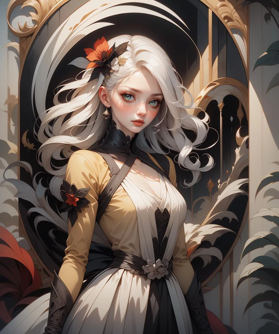 (masterpiece), (best quality), (vibrant light colors), intricate pattern, <lora:AnzhcDreamwave v3_1 watermark fix:0.5> anzhcdreamwave, aesthetic, canvas with red paint, 1girl, white hair, pale, creativity, white dress, hair ornament, dreamlike, (blurry background:1.1)