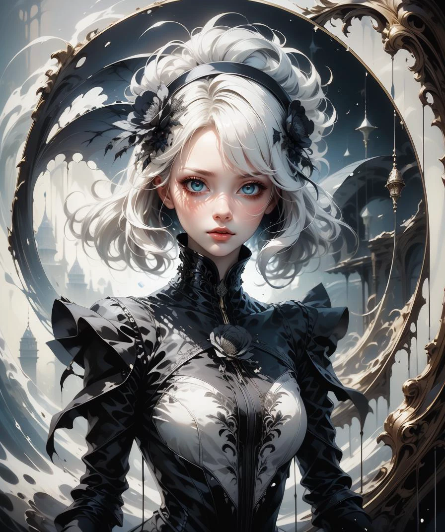 (masterpiece), (best quality), (vibrant light colors), intricate pattern, <lora:AnzhcDreamwave v3_1 watermark fix:0.5> anzhcdreamwave, aesthetic, canvas with red paint, 1girl, white hair, pale, creativity, white dress, hair ornament, dreamlike, (blurry background:1.1)