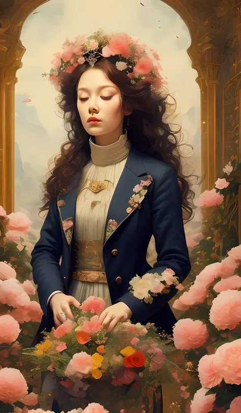 masterpiece, best quality,1girl, long hair, (glowing:1.15), (team:1.1), (flowers:1.15), (monarch:1.05), sleepy, Long coat <lyco:gpts4 lite dreamwave_278580:1.0>,