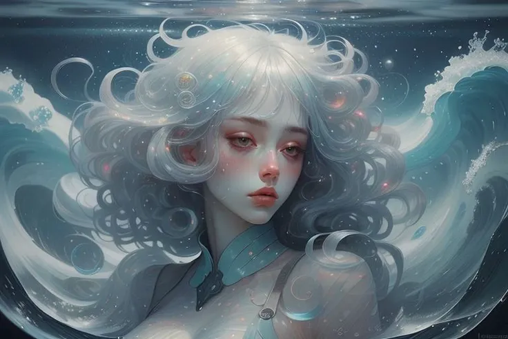 score_9, score_8_up, score_7_up, 1girl, underwater, sea, shimmering waves, luminescent water surface, ethereal, cosmic hair, night
