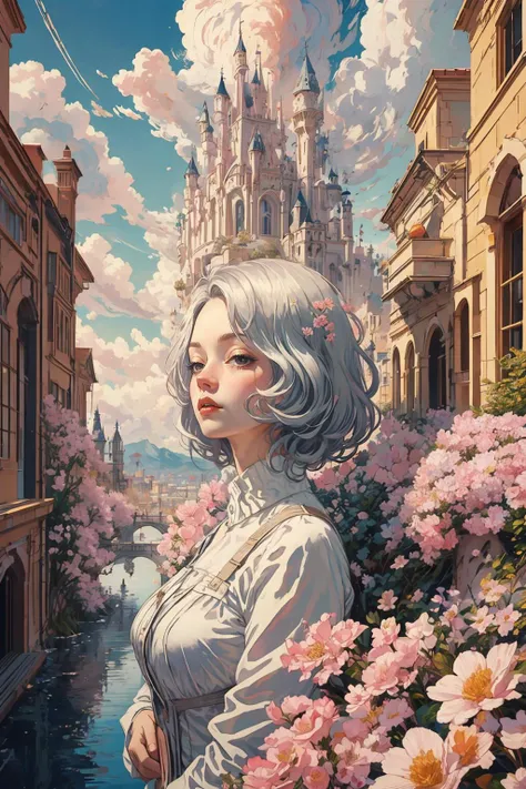 realistic, (best quality, masterpiece:1.3),1girl, silver hair, cloudy sky, flowers,castle, <lyco:gpts4 lite dreamwave_278580:1.0>