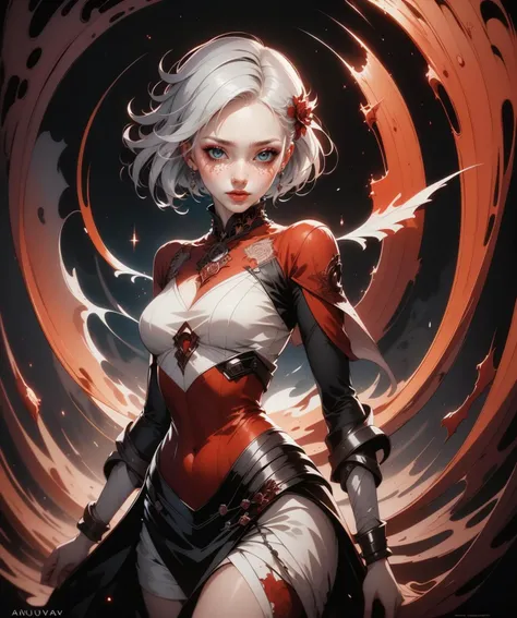 (masterpiece), (best quality), (vibrant light colors), intricate pattern, <lora:AnzhcDreamwave v3_1 watermark fix:0.5> anzhcdreamwave, aesthetic, canvas with red paint, 1girl, white hair, pale, creativity, white dress, hair ornament, dreamlike, (blurry background:1.1)