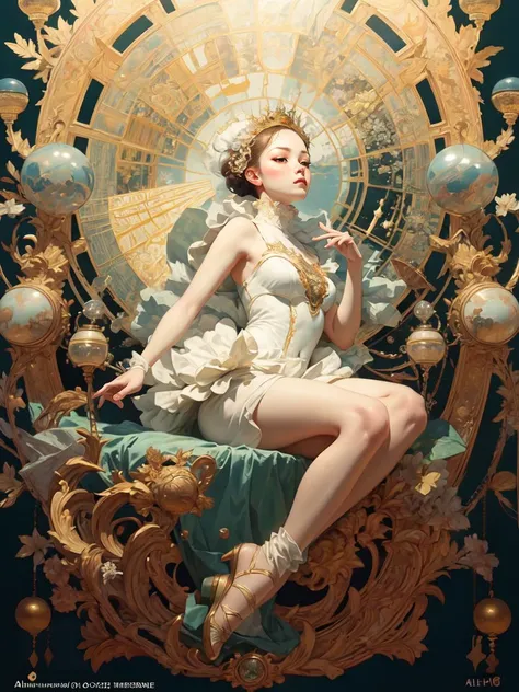 masterpiece, best quality, 8K, colorful, high detail, HDR, wallpaper, best lighting, beautiful face, detailed face, girl, <lora:gpts4 lite dreamwave_278580:1> , by Alphonse Mucha, Primaballerina_tutu, ((full body)), <lora:ballgownBallerina:1>