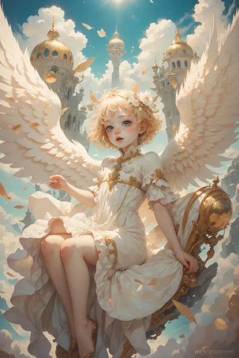 high fantasy style, portrait of a child, happy cherub of eighteen months, feathers in background, sky castle, bright sunny day, (1girl, petite, angel, blond, green eyes, full body, white silk luxurious long dress, flying pose, in the sky), fluffy wings, aesthetic, dreamwave, epic, 17th,oil painting old master, perfect composition, sharp colors, hyperrealistic, detail,dynamic light, cinematic light,sfw <lora:Dreamwave v3:1>