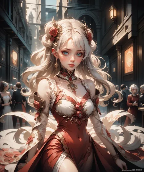 (masterpiece), (best quality), (vibrant light colors), intricate pattern, <lora:AnzhcDreamwave v3_1 watermark fix:0.5> anzhcdreamwave, aesthetic, canvas with red paint, 1girl, white hair, pale, creativity, white dress, hair ornament, dreamlike, (blurry background:1.1)