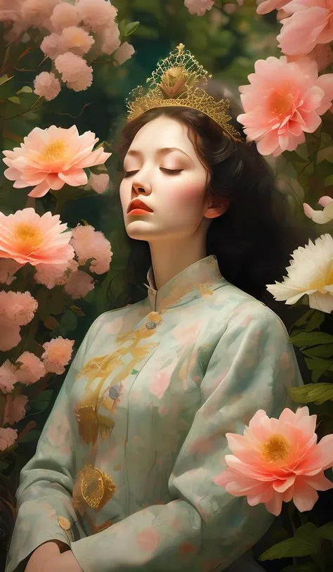 masterpiece, best quality,1girl, long hair, (glowing:1.15), (team:1.1), (flowers:1.15), (monarch:1.05), sleepy, Long coat <lyco:gpts4 lite dreamwave_278580:1.0>,