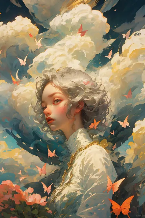 realistic, (best quality, masterpiece:1.3),1girl,solo, silver hair, cloudy sky, (a cluster of butterflies:1.5) ,<lyco:gpts4 lite dreamwave_278580:0.9>