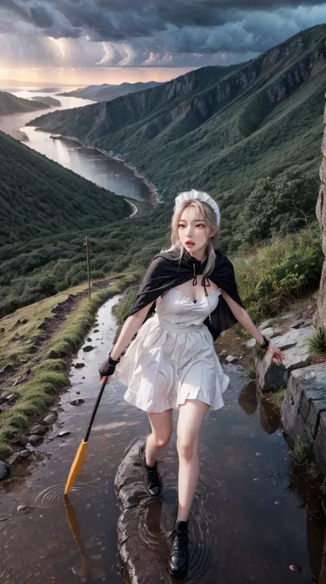 1girl, flat chest, shiny skin, maid uniform, maid dress, white apron, black footwear, maid headdress, running, fleeing, scared expression, fearful, panic, wide eyes, :o, open mouth, unnatural posture, dynamic pose, strained, body twisted, limbs akimbo, motion blur, cloak, flowing cloak, hood, obscured face, dark clouds, thunderstorm, lightning, storm, rain, pouring rain, puddle, wet ground, rocky terrain, cliff, ravine, uneven ground, treacherous path, mountain, hills, dusk, sunset, orange sky, silhouette, dramatic lighting, chiaroscuro, highlights, shadows, dramatic atmosphere, suspense, action, adventure, single subject, masterpiece, best quality, official art, extremely detailed CG unity 8k wallpaper, artbook, real life, instagram, cinematic lighting, high quality shadow, ulzzang:0.8, <lora:epi_noiseoffset2:0.3>, <lora:InstantPhotoX3:0.2>, <lora:picxer_real:0.4>,