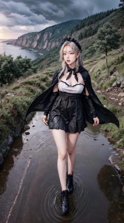 1girl, flat chest, shiny skin, maid uniform, maid dress, white apron, black footwear, maid headdress, running, fleeing, scared expression, fearful, panic, wide eyes, :o, open mouth, unnatural posture, dynamic pose, strained, body twisted, limbs akimbo, motion blur, cloak, flowing cloak, hood, obscured face, dark clouds, thunderstorm, lightning, storm, rain, pouring rain, puddle, wet ground, rocky terrain, cliff, ravine, uneven ground, treacherous path, mountain, hills, dusk, sunset, orange sky, silhouette, dramatic lighting, chiaroscuro, highlights, shadows, dramatic atmosphere, suspense, action, adventure, single subject, masterpiece, best quality, official art, extremely detailed CG unity 8k wallpaper, artbook, real life, instagram, cinematic lighting, high quality shadow, ulzzang:0.8, <lora:epi_noiseoffset2:0.3>, <lora:InstantPhotoX3:0.2>, <lora:picxer_real:0.4>,